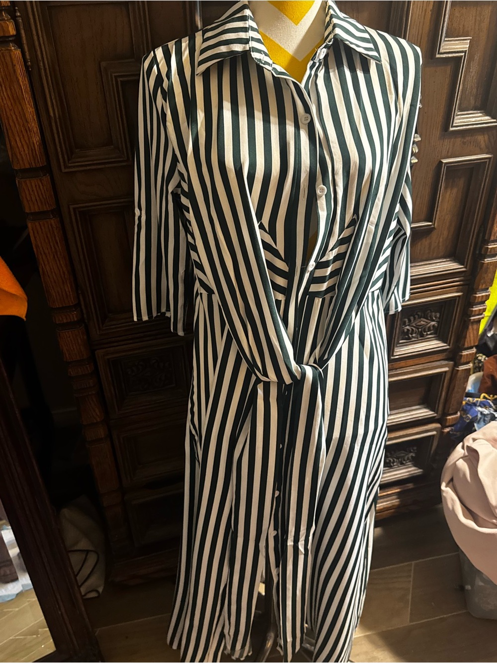 SHEIN Green and White Striped Button-Front Midi Dress with Tie Waist